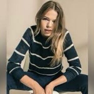 Rag Poets Navy White Stripe Pullover Crewneck Sweater Size S 20”+ p2p